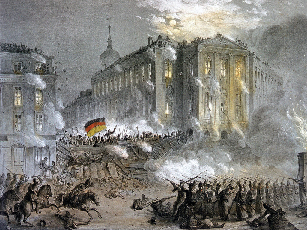 Painting of German Revolution of 1848 Street fightings at Alexanderplatz Square in Berlin during the night of March 18 to 19, 1848.