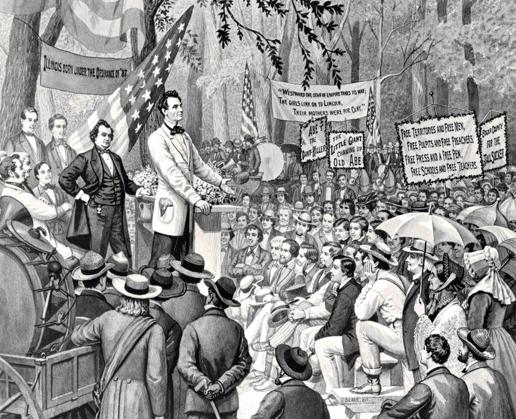 Drawing showing the 1858 SENATORIAL DEBATE BETWEEN ABRAHAM LINCOLN AND STEPHEN DOUGLAS IN ILLINOIS USA.