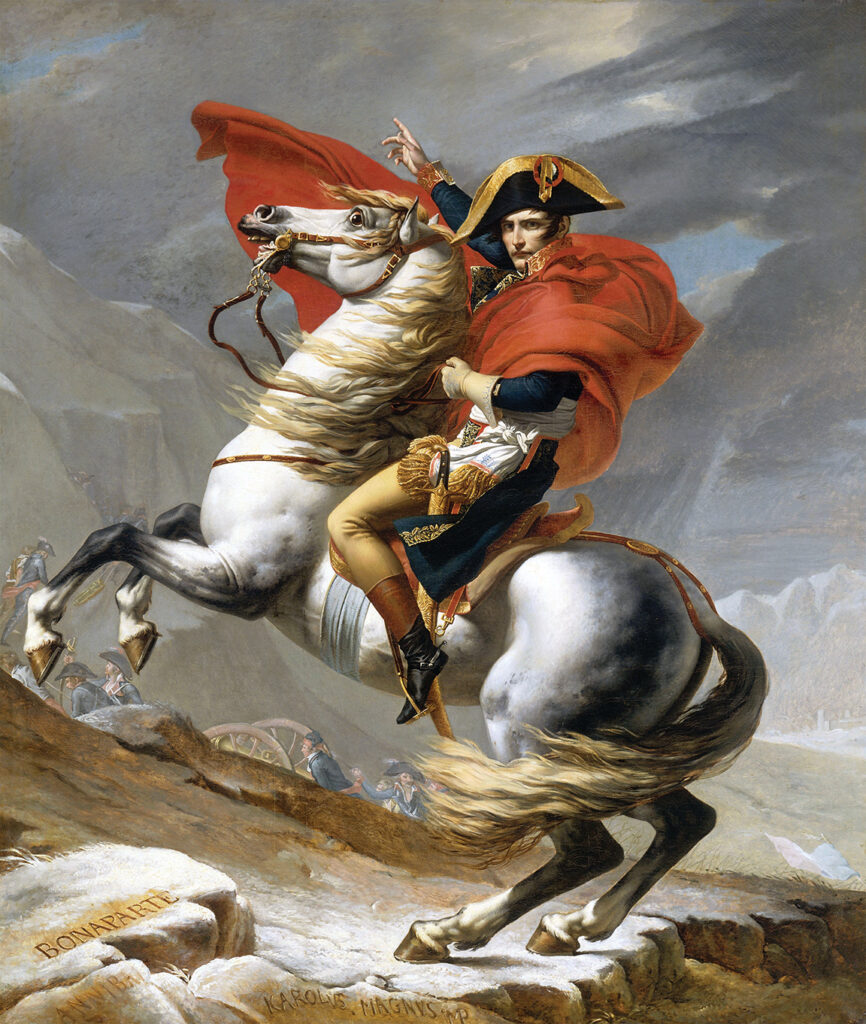 Painting of Napoléon crossing the Alps on horse back.