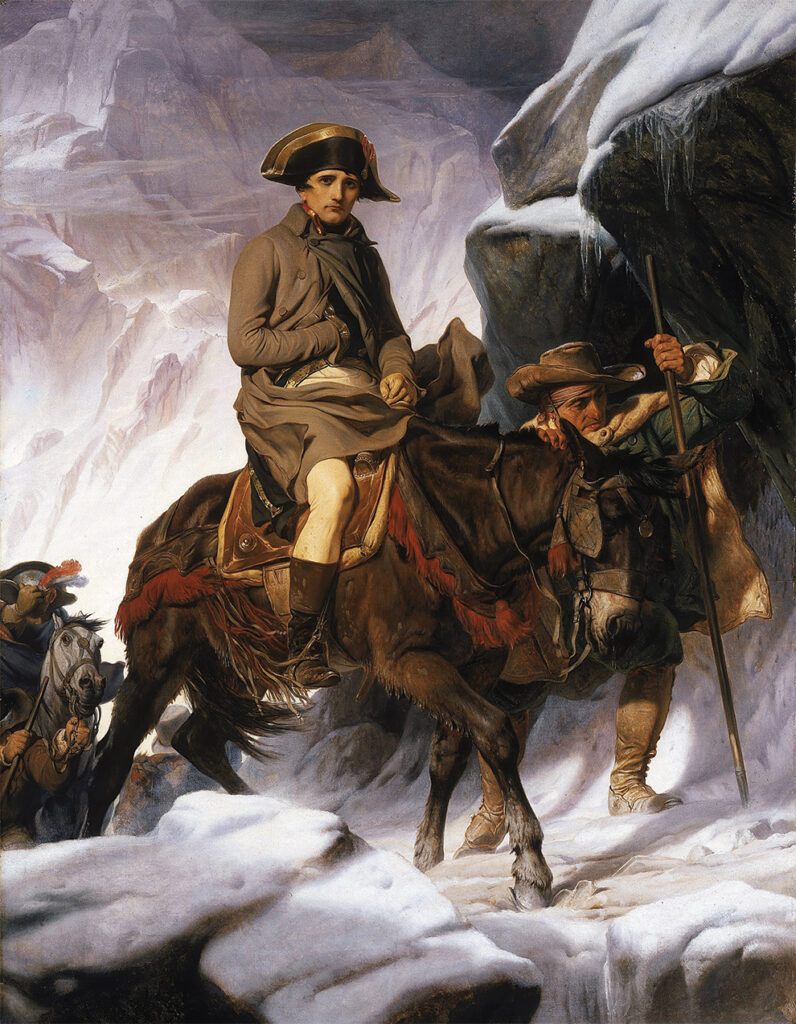 Painting of Napoléon crossing the Alps on a mule.