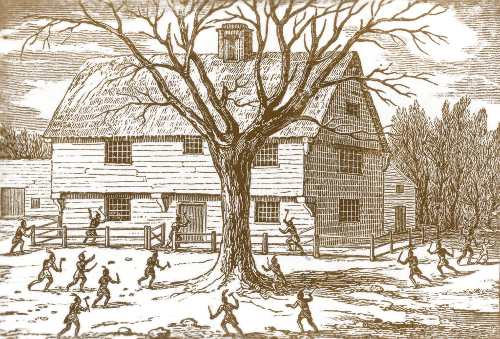 Illustration for the frontispiece of 'The Redeemed Captive' by John Williams, which tells the story of when a party of French and Indians attacked Deerfield, Massachusetts, in 1704, 49 people were killed, including Reverend Williams' wife and two of their children. Williams' life was spared but he was taken captive. Deerfield, Massachusetts, USA, circa 1704.