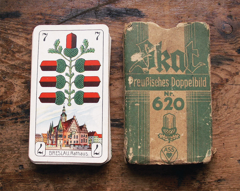 Photo of cards used in the game Skat. Designed ideally for three players, it remains the most popular card game in Germany, though its American use has waned.