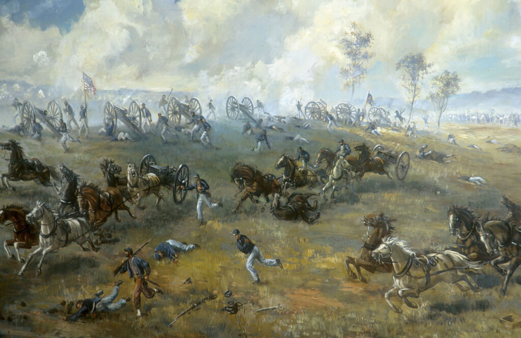 Union artillerymen flee on Henry Hill