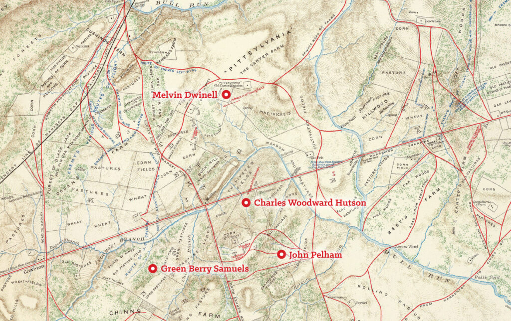Map of Manassas battlefield showing locations of soldiers quoted in the article
