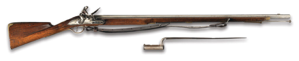 A photo of a muzzle-loading Brown Bess flintlock musket.