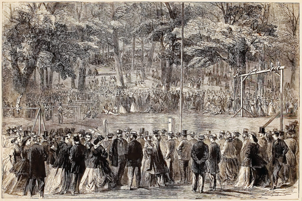 An 1865 Harper’s Weekly engraving shows members of a Cincinnati, Ohio, turnverein putting on a public display of gymnastic skills.