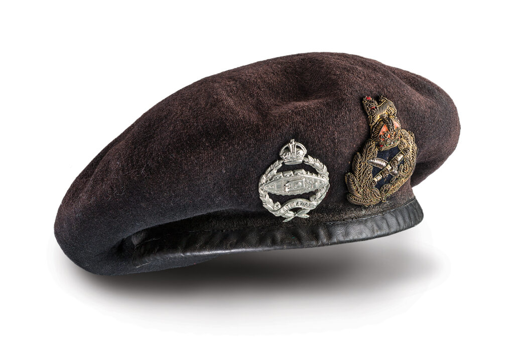 Photo of British Field Marshal Bernard Law Montgomery's black Royal Tank Regiment beret trimmed with gold braid.