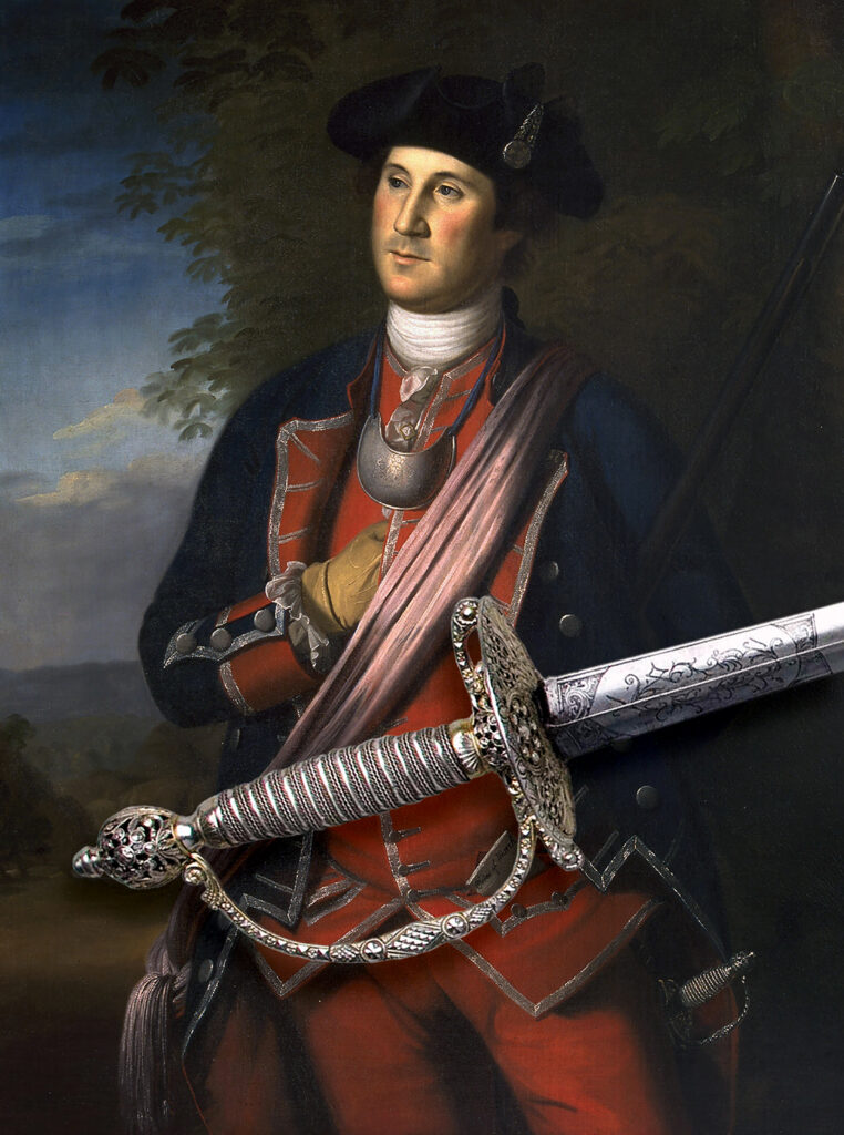 Painting of Colonel George Washington with an inset of his sword showing the hilt.