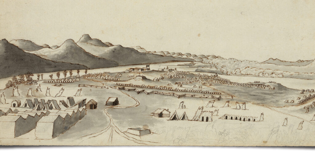 A period illustration depicts the tent city at Crown Point, N.Y., on the shore of Lake Champlain, where Haviland’s men spent the summer of 1760 buttressing Fort Amherst (at center), gathering supplies and building small boats.
