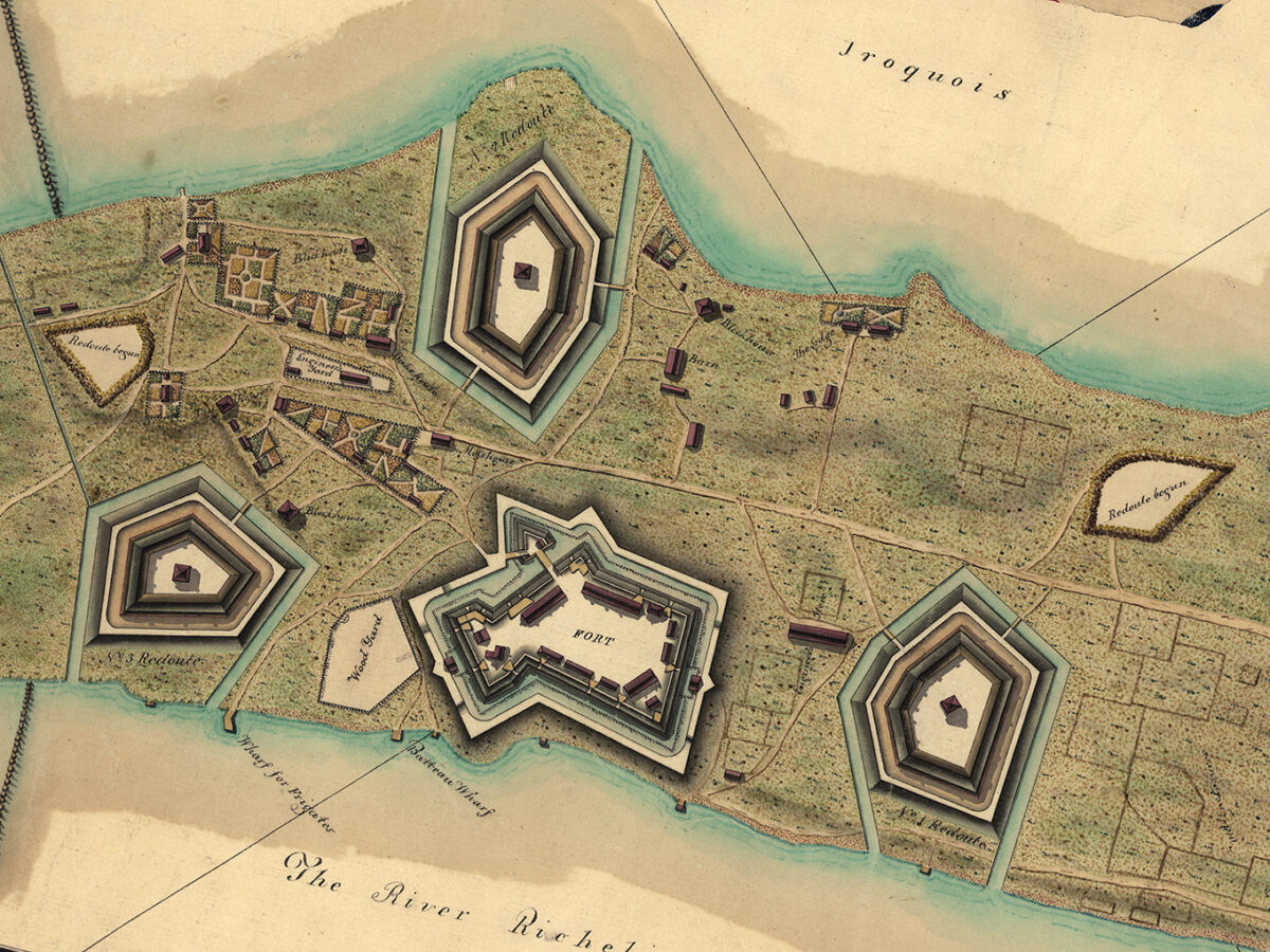 Map showing the French fortifications on Île aux Noix, which sits midchannel on the Richelieu River.