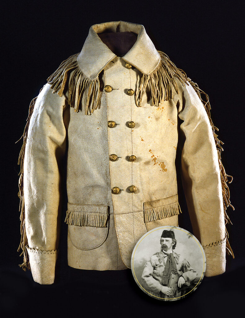 Photo of George Armstrong Custer's buckskin coat. Inset photo of Custer wearing the coat.