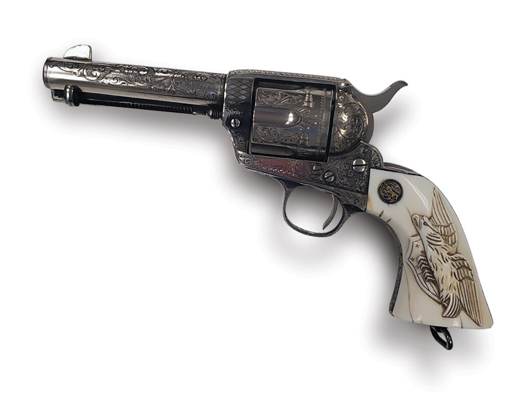 Photo of General George Patton's ivory-handled .45-caliber Colt Single Action Army revolver.