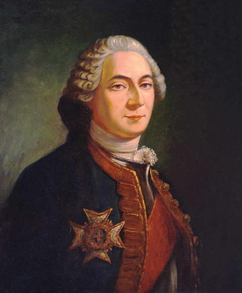 Portrait of Governor Pierre Rigaud Cavagnol Marquis de Vaudreuil in a blue and gold military coat.