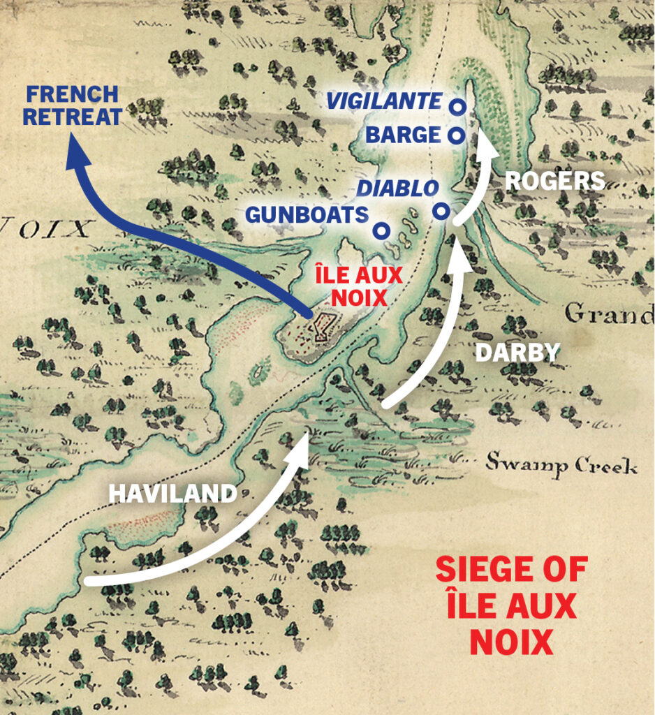 Illustration showing the siege of Île aux Noix.