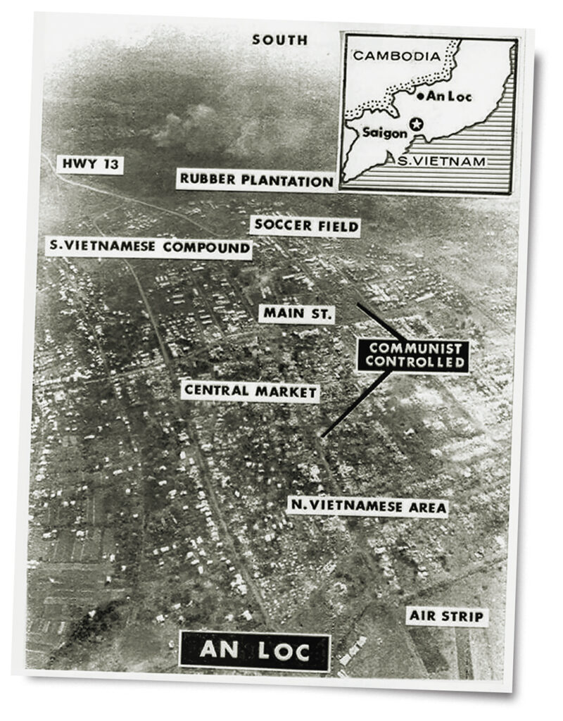 Aerial photo showing communists controlled much of An Loc in the early days of the offensive, forcing the South Vietnamese defenders into a small southern sector in this image.