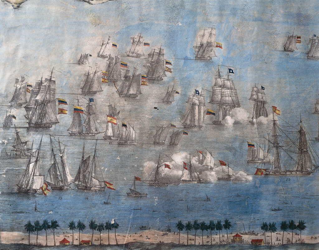 Painting of fighting in the lagoon of Maracaibo between the Spanish and the Colombian fleets, June 24, 1823, coloured engraving. Spanish-American wars of independence, Venezuela, 19th century.