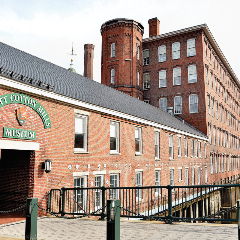Photo of a general view of The Boott Cotton Mill Museum in the former textile manufacturing town of Lowell on the Merrimack River as part of the Lowell National Historical Park and the National Park Service on November 5, 2014 in Lowell, Massachuetts.