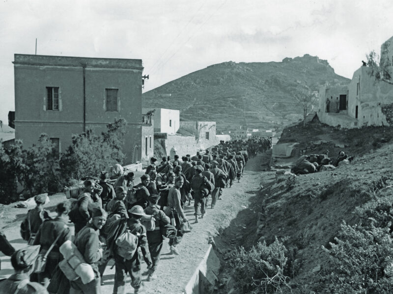 Photo of the 8,500-plus British and Italian soldiers captured after the Nov. 16, 1943, surrender of Leros, Greece, were these British troops marching to waiting POW ships for transport to mainland Europe.