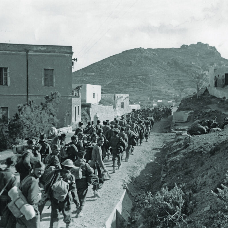 Photo of the 8,500-plus British and Italian soldiers captured after the Nov. 16, 1943, surrender of Leros, Greece, were these British troops marching to waiting POW ships for transport to mainland Europe.