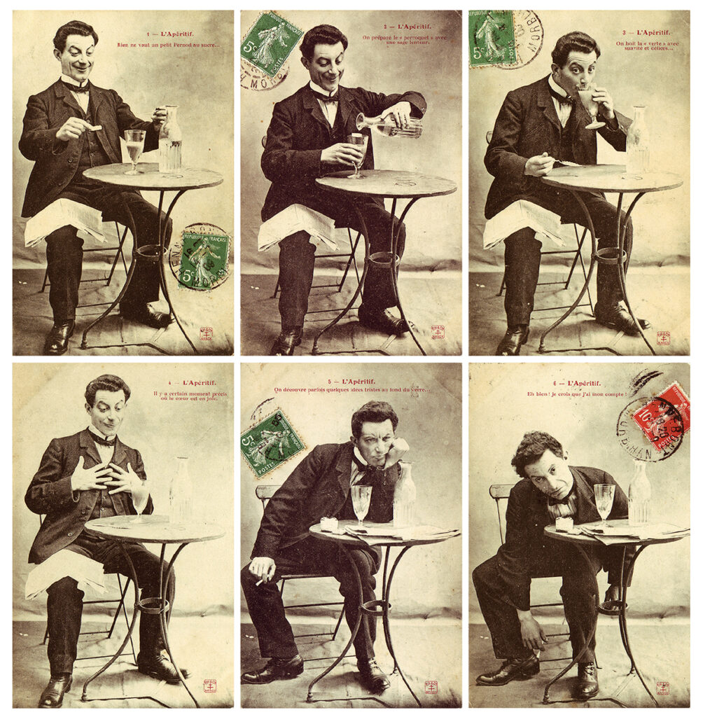 A series of French postcards showing an absinthe imbiber through the elation of a first drink to his confusing and stupefying end.