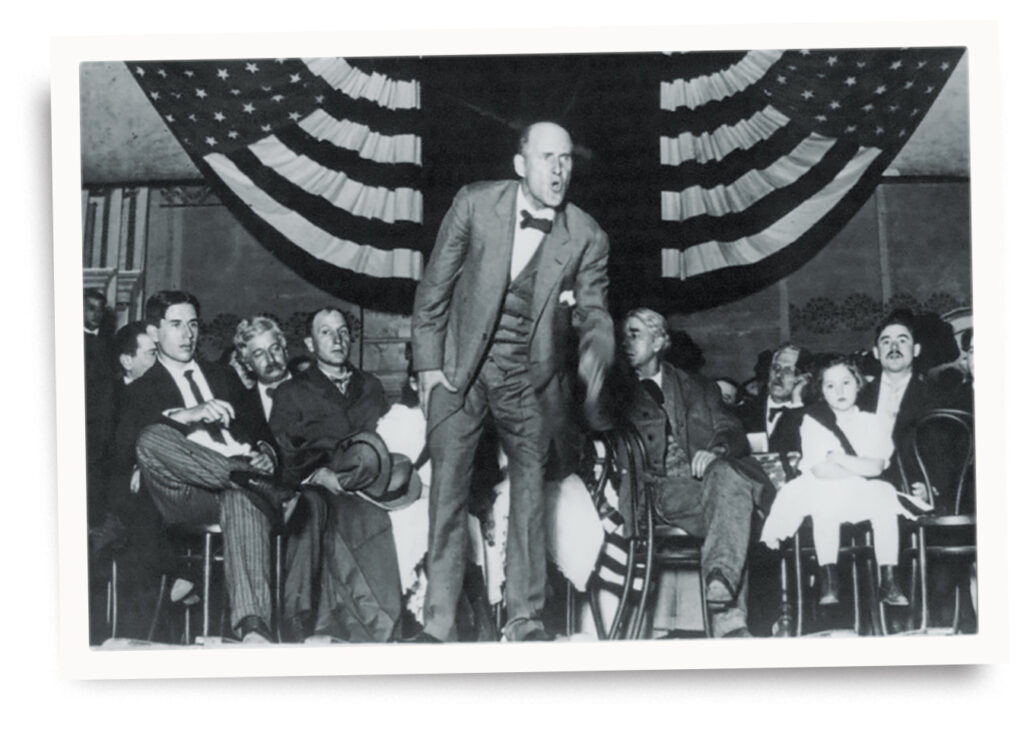 Photo of Eugene V. Debs exhorting an audience. Debs ran five times as the Socialist Party candidate for president, and was in jail during his last effort.