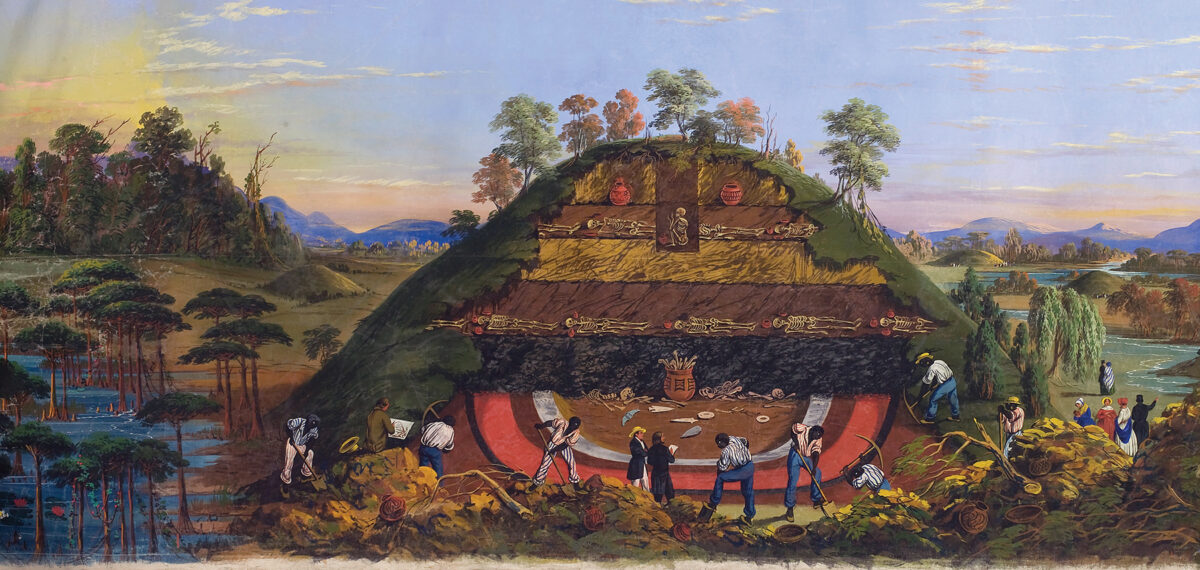 Painting of a Indian burial mound excavated in 1850 near the Mississippi River, varied in height and dimension. They were typically erected in layers over several hundred years.