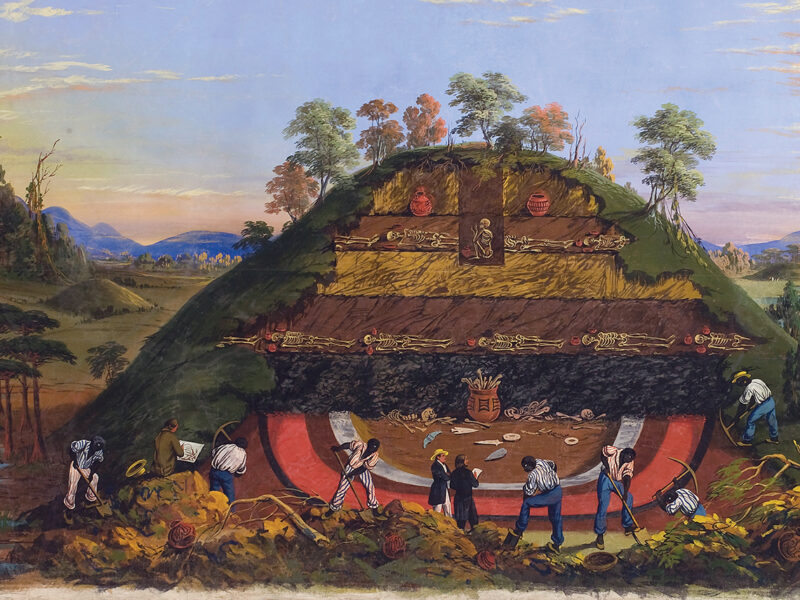Painting of a Indian burial mound excavated in 1850 near the Mississippi River, varied in height and dimension. They were typically erected in layers over several hundred years.
