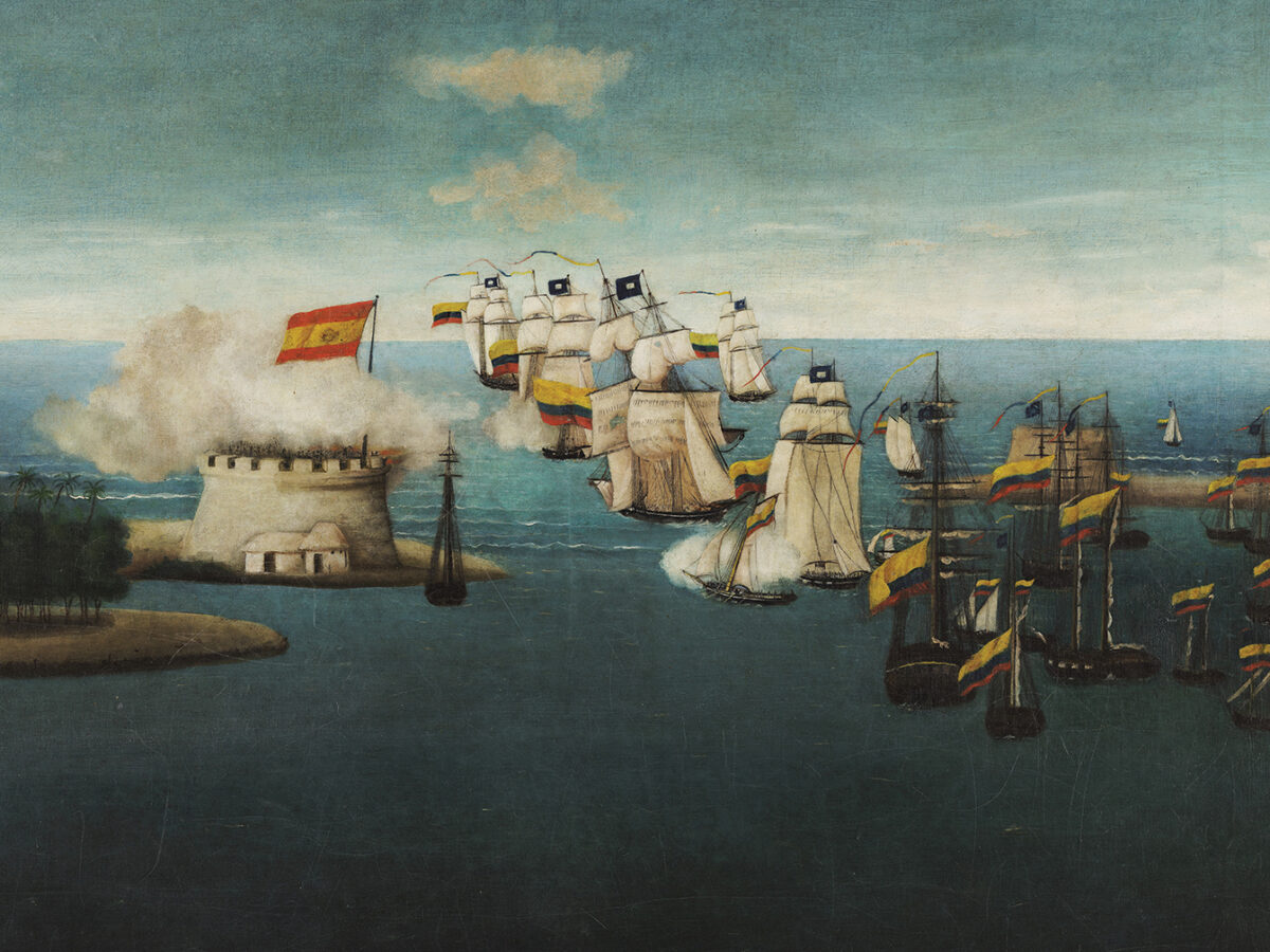 Painting of the Battle of Lake Maracaibo Colombian Navy Bombarding Castle, 1823.