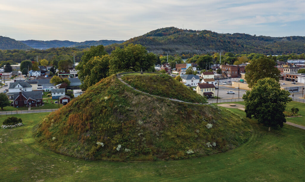 An Aerial drone photo of the ancient historic native American burial mound in Moundsville, WV