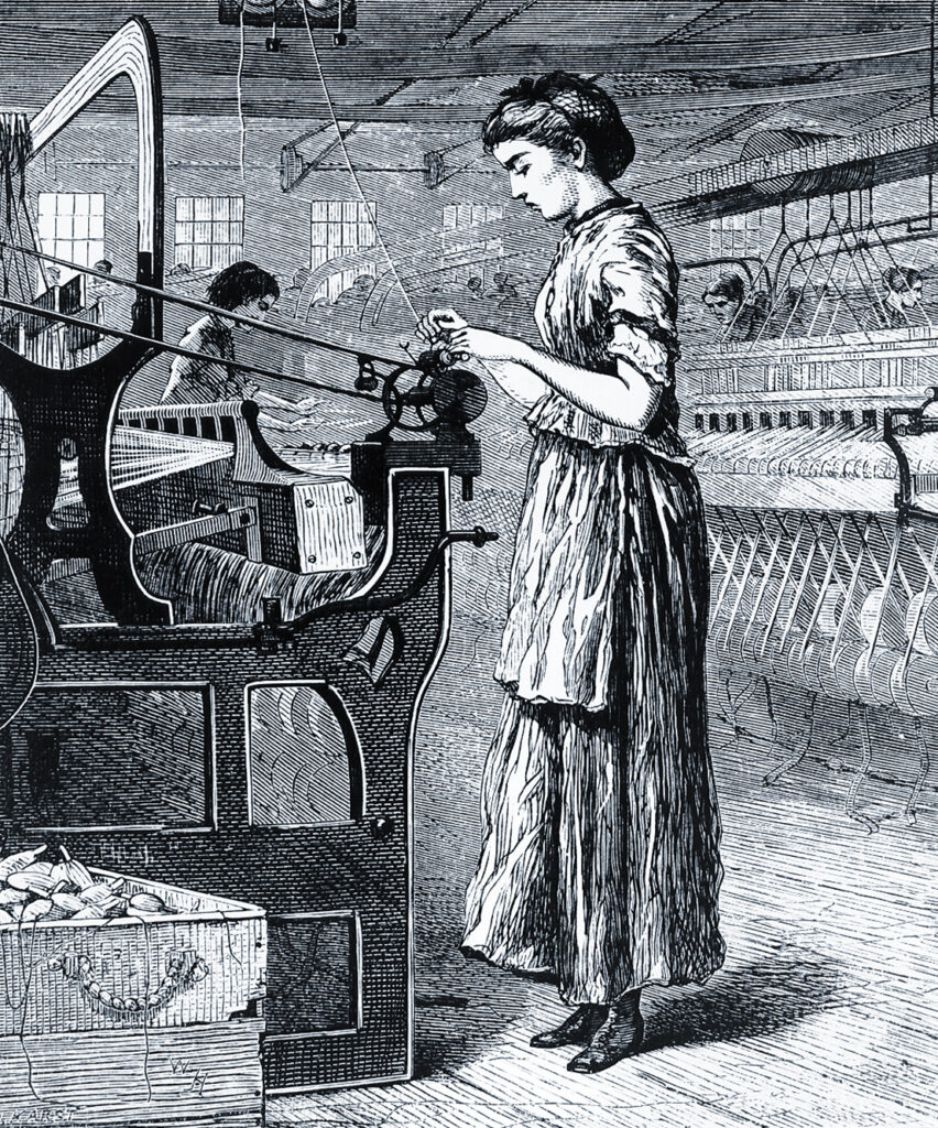 Engraving showing women working at weaving looms.