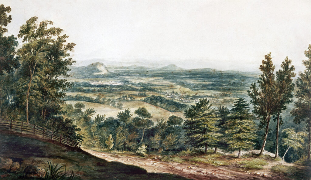 Painting of a view from the north front of Monticello, Thomas Jefferson's home near Charlottesville, Virginia. Watercolor, late 18th or early 19th century.
