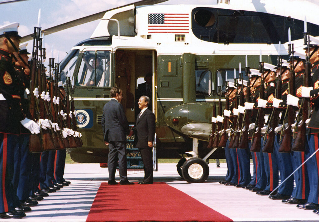 Photo of South Vietnam President NGUYEN VAN Thieu departs at EL Toro Marine Corps Air Station, CA after his visit to the Western White House, La Casa Pacifica, in San Clemente.