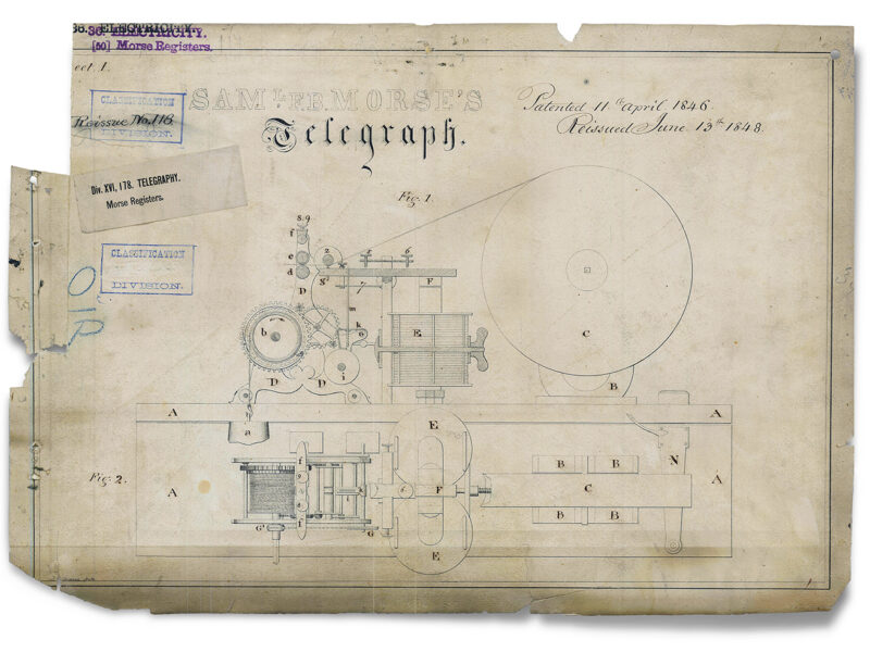 Photo of Samuel Morse's patent drawing of his telegraph design.