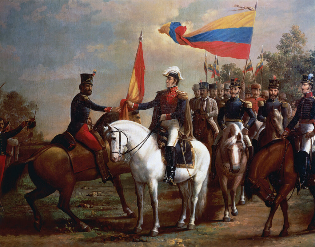 Painting of Simon Bolivar honoring the flag after the Battle of Carabobo, June 24, 1821, by Arturo Michelena (1863-1898),1883. Detail. Spanish-American wars of independence, Venezuela, 19th century.
