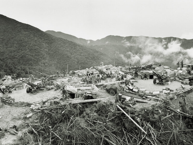 Photo of U.S Soldiers from the 101st cavalry division have set up these 105mm howitzers in a sand bagged fire-base at an elevated site in the center of the a Shau Valley in South Vietnam, August 12, 1968. From this position, gunners can give excellent fire support to men operating in the valley below.