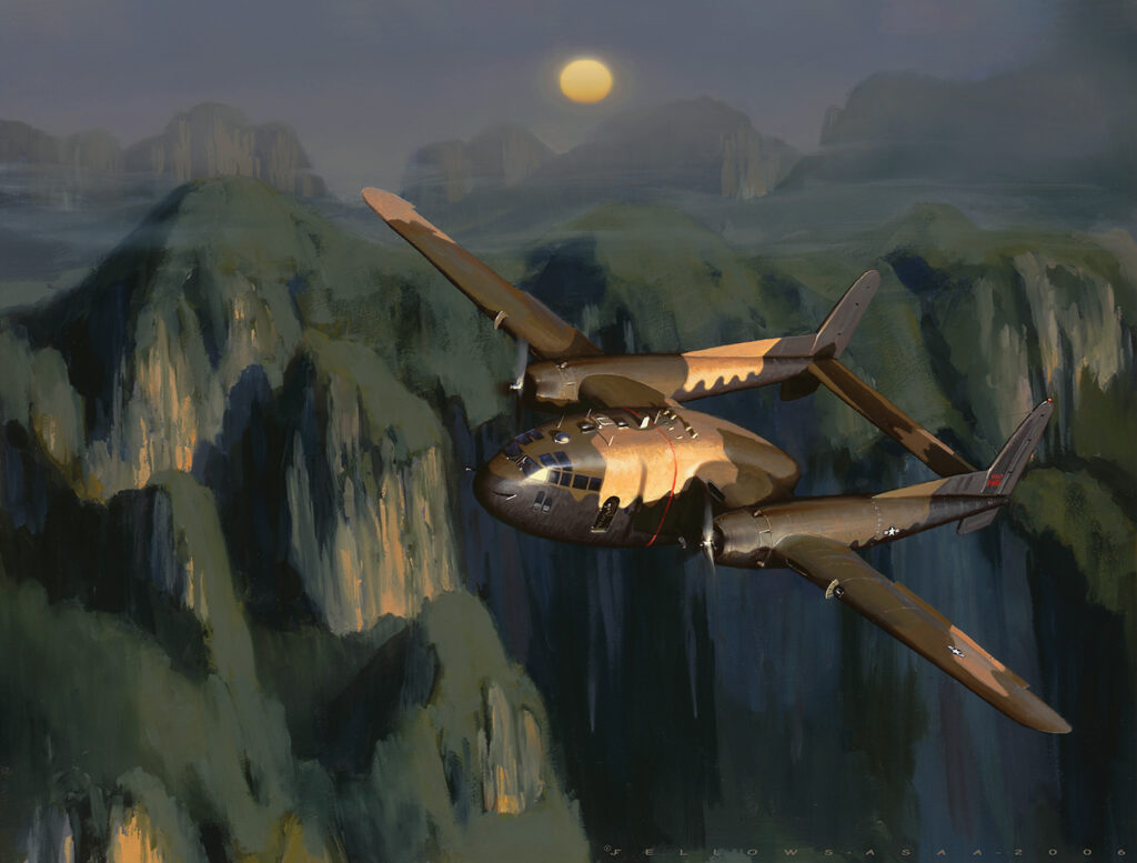 A haunting illustration by Jack Fellows shows an AC-119G Shadow on a nighttime mission over the highlands of the Vietnam/Laos border—an area through which portions of the Ho Chi Minh Trail snaked.