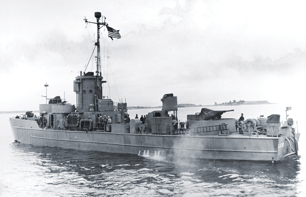 Photo of a fitted from stem to stern with guns, the LCS would precede landing craft to the invasion beaches, softening up enemy defenses with its guns and barrages of 4.5-inch rockets.