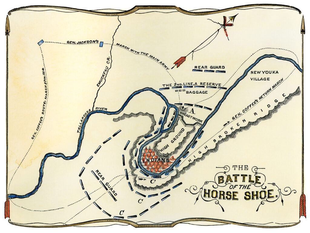 Diagram of the Battle of Horseshoe Bend in Alabama, War of 1812. Hand-colored woodcut. Image shot 1814. Exact date unknown.