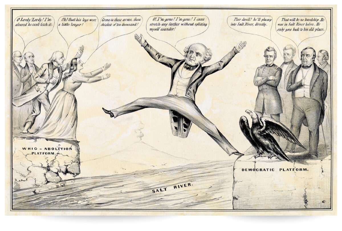 This cartoon pokes fun at Martin Van Buren’s inability to build a Free Soil Party coalition during the 1848 presidential run.