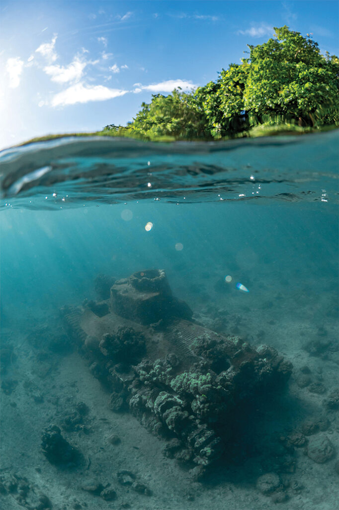 Photo of World war 2 tank underwater wreck. Chuuk (formerly Truk) Lagoon, in the Pacific island nation of Micronesia, is the graveyard of more than 60 Japanese ships sunk and scores of aircraft downed by U.S. forces in February 1944 during Operation Hailstone. Some 1,100 miles northeast of New Guinea, Chuuk is one of the world’s premier wreck diving sites.