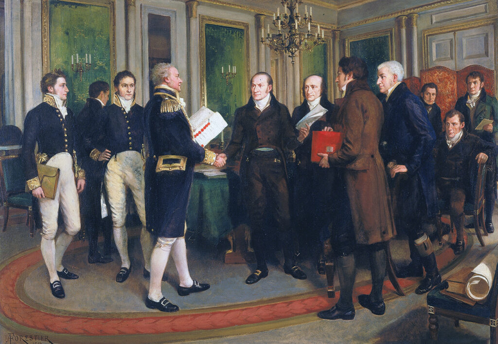 This painting depicts the signing of the 1814 Treaty of Ghent that ended the War of 1812. Clay is seated at far right.