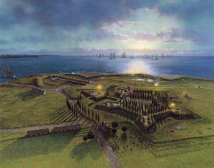 Painting of Aerial view of Fort McHenry, c1814: Artist's conception of the dawn bombardment of Fort McHenry on September 13, 1814 by the British Navy under the command of Vice Admiral Alexander Cochrane.