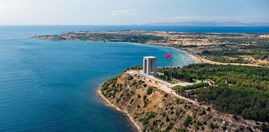 Photo of the Gallipoli peninsula, where Canakkale land and sea battles took place during the first world war. Martyrs monument and Anzac Cove. Photo shoot with drone.