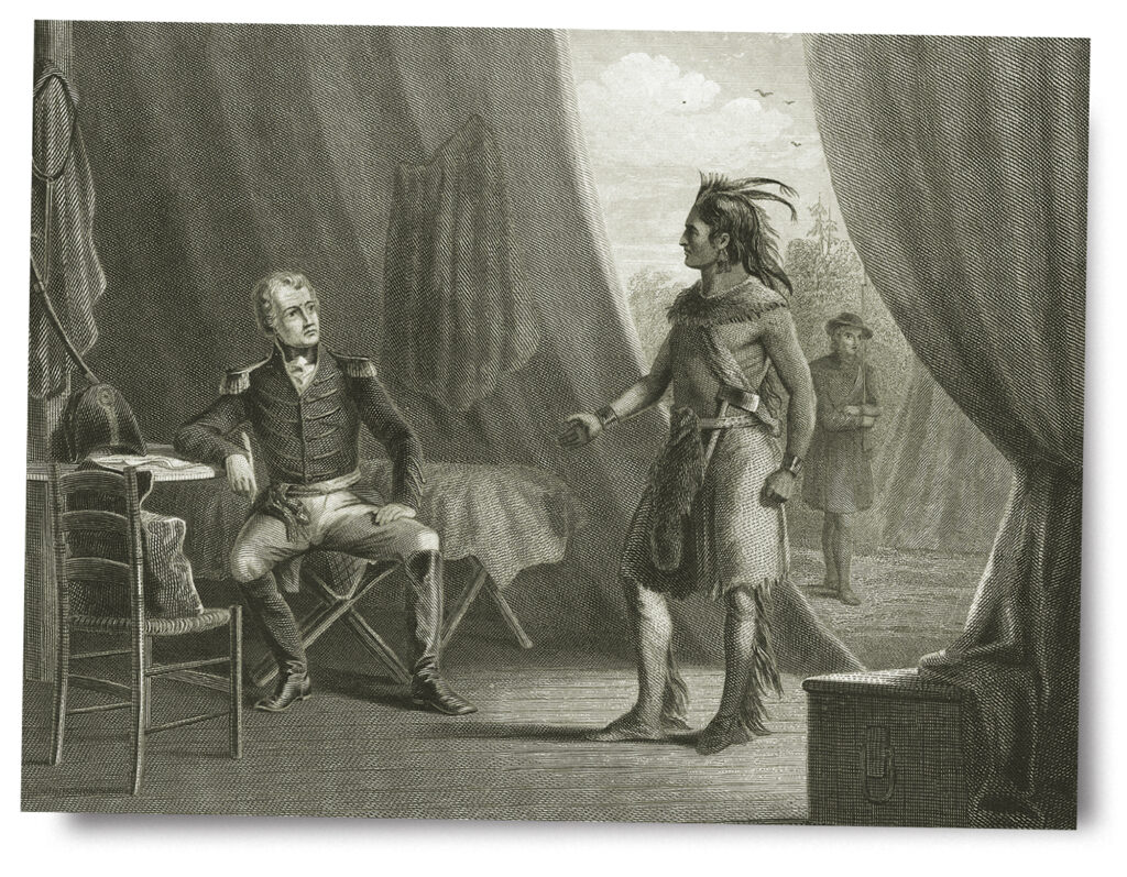 Drawing of General Jackson meets with William Weatherford, a mixed-race Red Sticks leader. Weatherford negotiated a peace treaty with the U.S.
