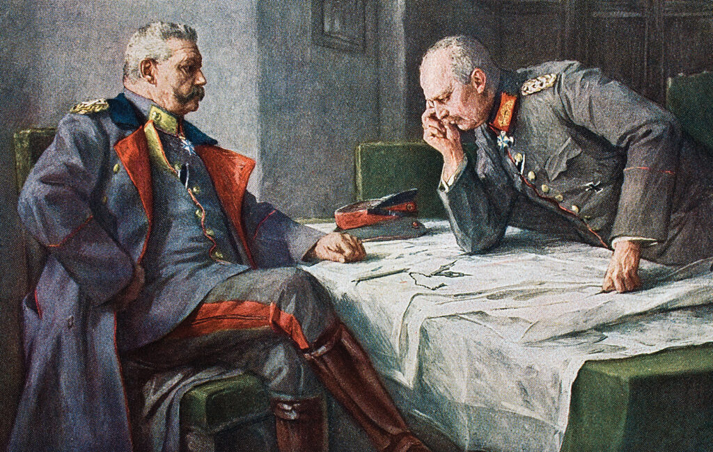 Painting of General Paul Von Hindenburg 1847 1934 and chief of staff Erich Von Ludendorff 1865 1937 at the map table after a painting by Hugo Vogel From Tannenberg published Berlin 1928.
