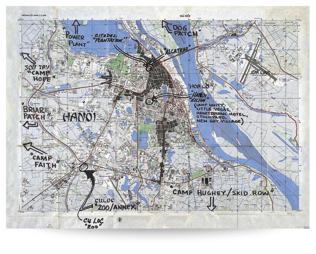 This detailed map shows the location of the Hanoi Hilton within North Vietnam. The POWs gathered materials to help disguise themselves as locals after the planned escape from the prison.