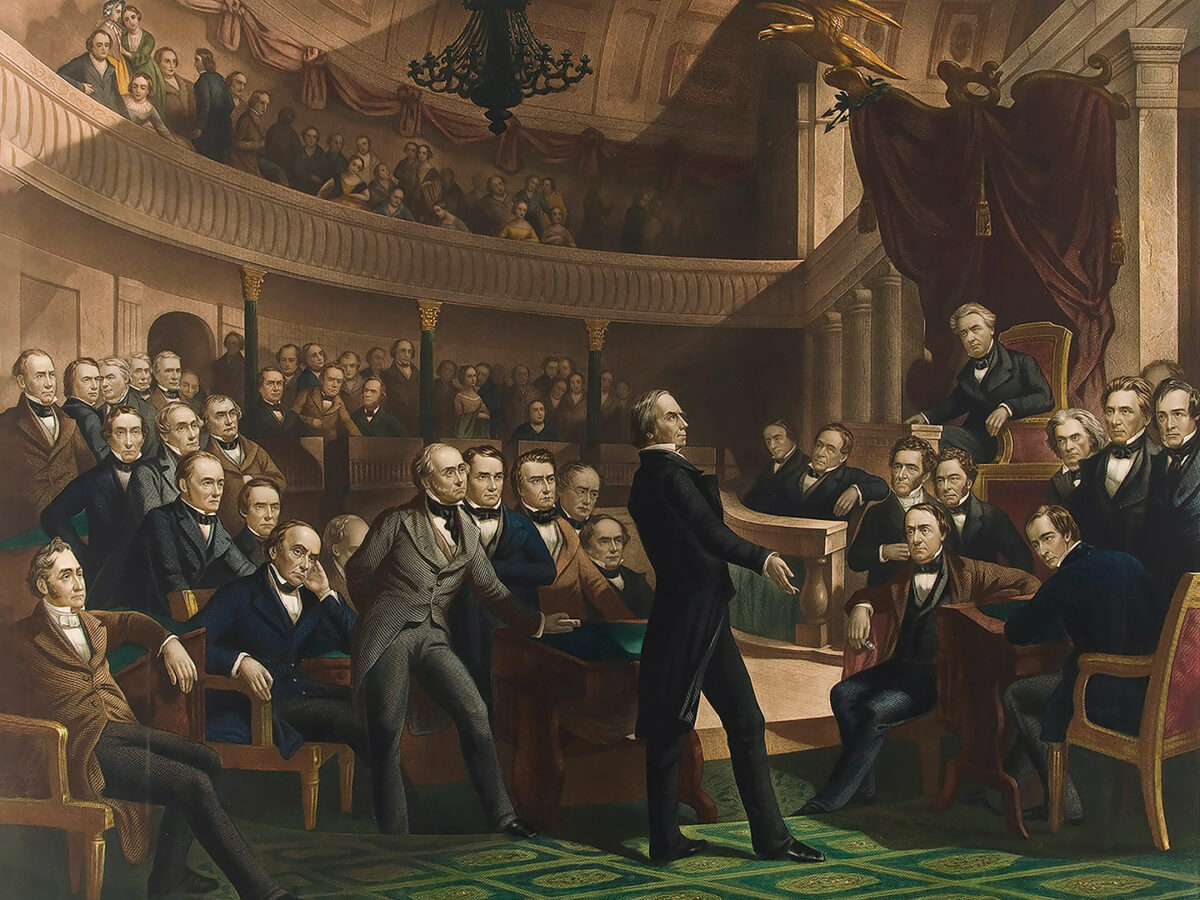 Painting of the United States Senate, a.d. 1850, pub. C. 1855 colour lithograph. Compromise of Clay; Henry Clay 1777 - 1852