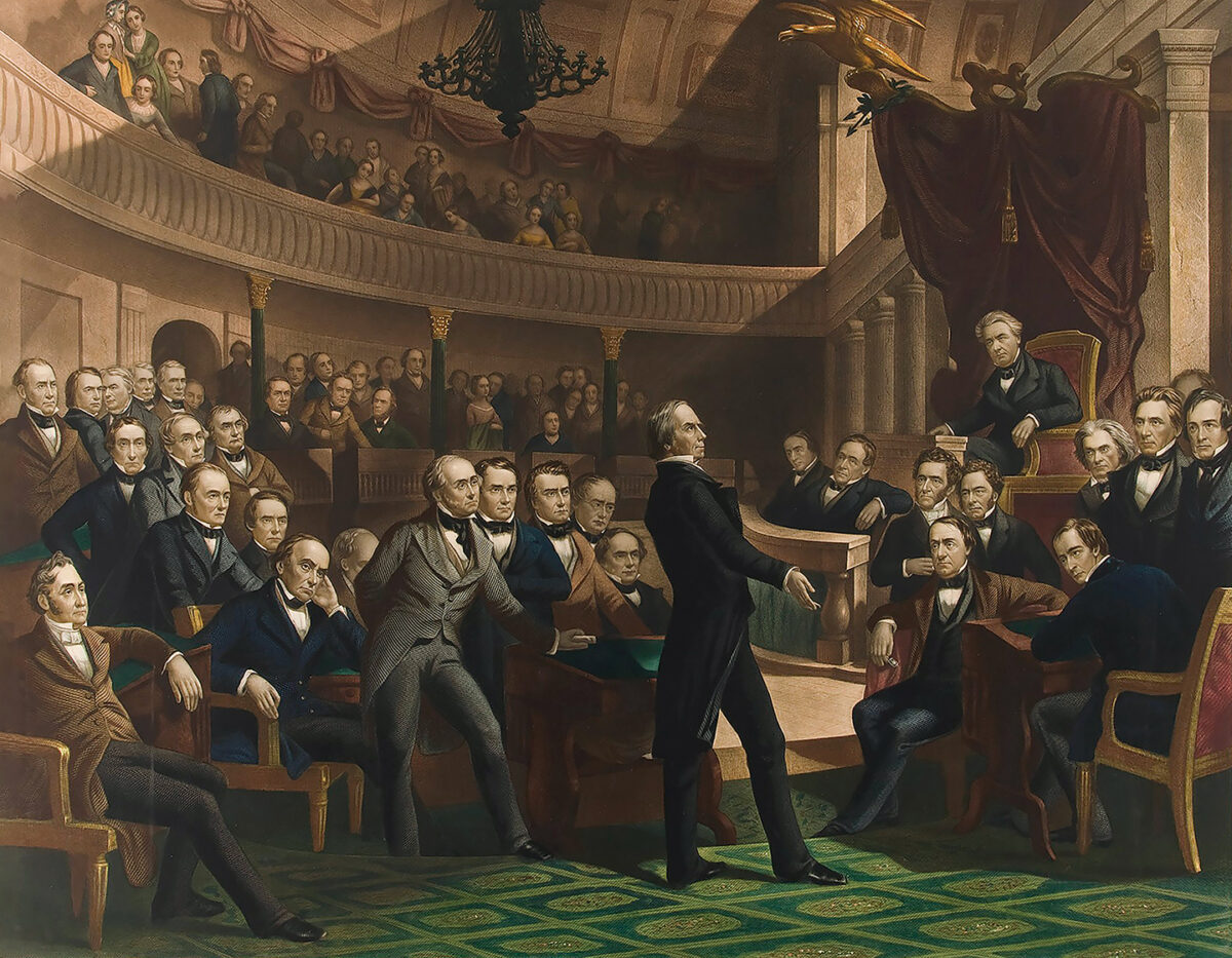 Painting of the United States Senate, a.d. 1850, pub. C. 1855 colour lithograph. Compromise of Clay; Henry Clay 1777 - 1852