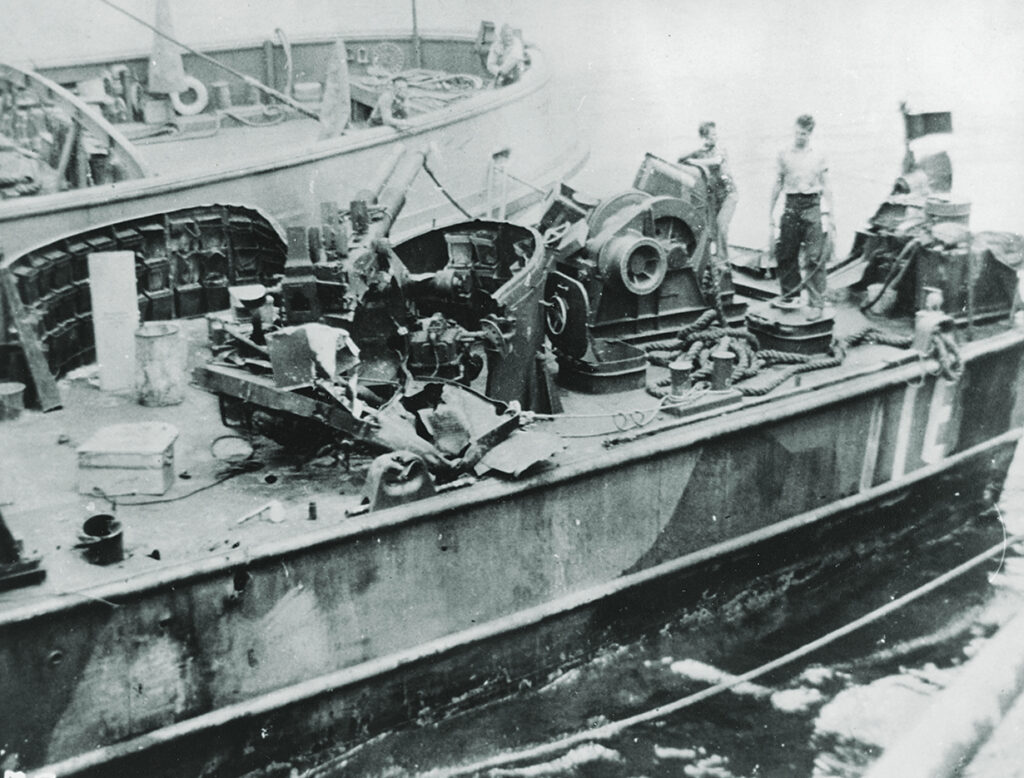 Photo of LCS-3 was among 19 Midgets damaged or sunk by Japanese kamikazes.