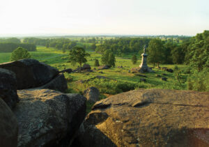 Photo of Little Round Top, at Gettysburg National Military Park, Pa., offers a sweeping view. From this hill, on the left end of the Union line, Lt. Col. Joshua Chamberlain led the 20th Maine Volunteers in a bayonet counterattack against the 15th Alabama Infantry and other Confederate units on July 2, 1863.